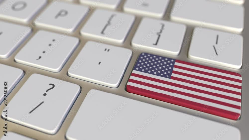 Poster key with flag of china on the computer keyboard switches to key with flag of the usa, translation or