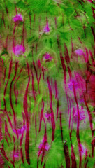 Abstract hand painted fabric green background with irregular pink floral spots