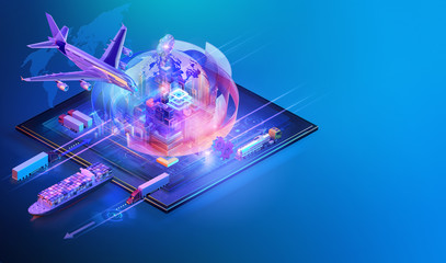 Isometric global cargo logistic website background design. Maritime, air shipping transport logistic, warehouse storage concept, export, import, trading, cargo international delivery, distribution. 3D