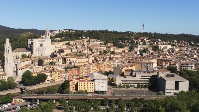 Aerial view in Girona, city of Catalonia,Spain. 4k Drone Video