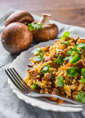 meat with Rice, mushroom and vegetables in white plate on wooden table background