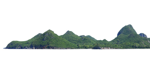 The trees on the island and cliff rocks. Isolated on White background