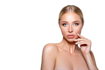 Closeup Model with perfect makeup and clean Fresh Skin . Beauty.   Studio shot.  Beautiful portrait...