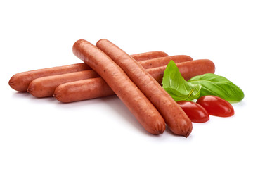 Dry smoked Sausages with basil leaves, macro, isolated on white background