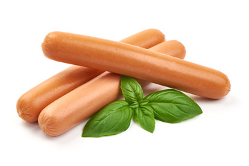 Chicken fresh boiled sausages with basil, macro, isolated on white background