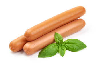 Fresh boiled sausages with basil, close-up, isolated on white background