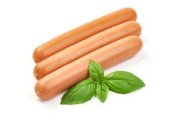 Frankfurter fresh sausages with basil, close-up, isolated on white background