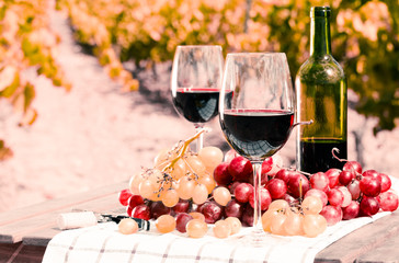 glass of  wine and ripe grapes on table in vineyard