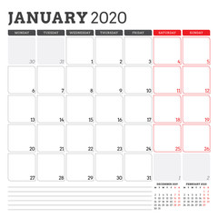 Calendar planner for January 2020. Week starts on Monday. Printable vector stationery design template