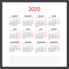 Calendar for 2020 year. Week starts on Monday. Printable vector stationery design template