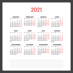 Calendar for 2021 year. Week starts on Monday. Printable vector stationery design template