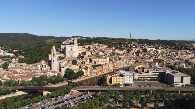 Aerial view in Girona, city of Catalonia,Spain. 4k Drone Video