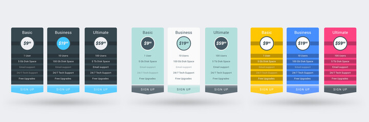 Pricing table design template for websites and applications. Set of three different color variations. Vector pricing plans. Flat style vector illustration