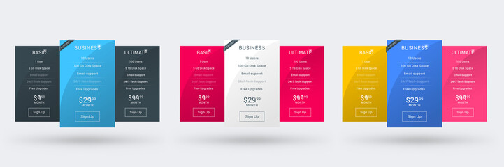 Pricing table color variations. Pricing plans template for websites and applications. Vector illustration