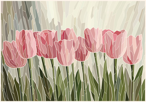 Stained glass light pink tulips. Vector graphics, mosaic full color. Imitation of colored glass