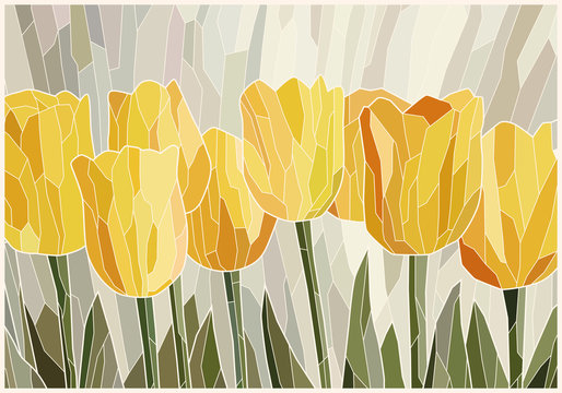 Stained glass yellow tulips on gray scenic background. Vector graphics, mosaic full color. Imitation of colored glass