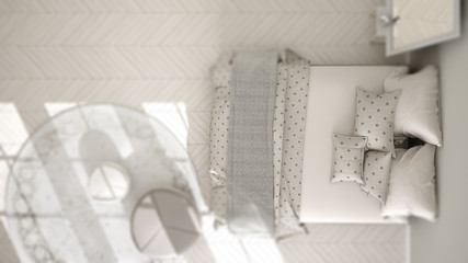 Interior design depth of field, contemporary classic bedroom, minimalistic scandinavian, top view, modern architecture concept idea