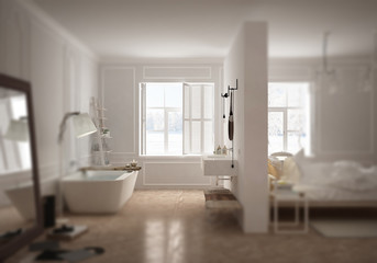 Naklejka na ściany i meble Interior design depth of field, contemporary bedroom & bathroom in scandinavian style, modern architecture concept idea