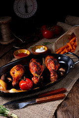 grilled chicken legs in barbecue marinade with sweet potatoes