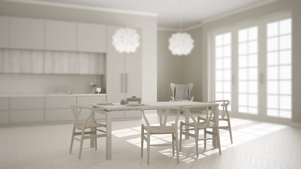 Interior design depth of field, contemporary scandinavian classic white kitchen with wooden and gray details, modern architecture concept ide