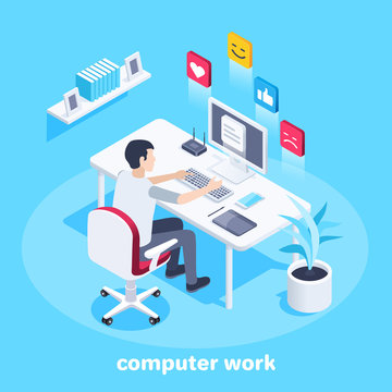 Isometric vector image on a blue background, a man works at a computer in the office, workplace and work in the Internet social networks