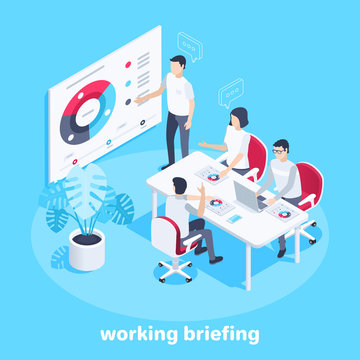 isometric vector image on a blue background, men and a woman in the office hold a briefing, a large office desk, a poster with diagrams and a flower in a pot