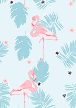 Pink flamingo tropical leaves floral pattern.