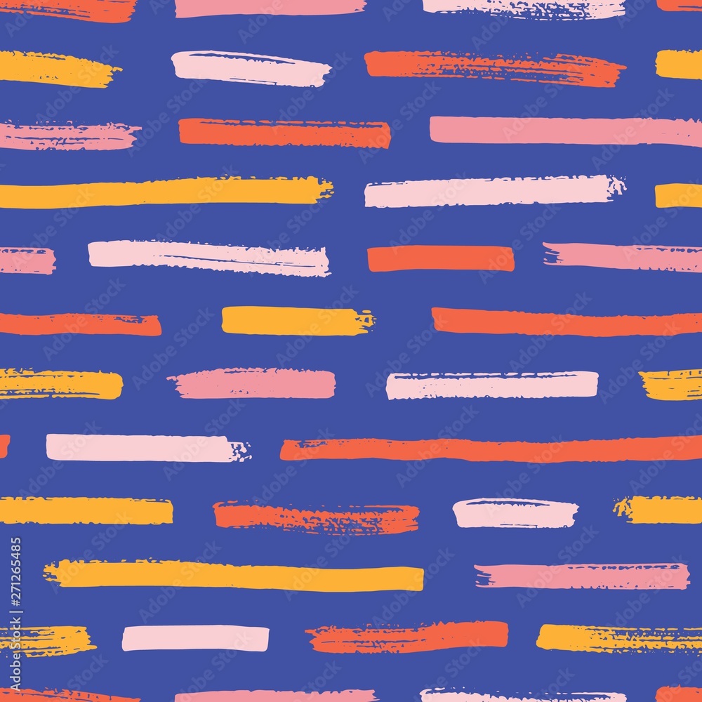 Poster abstract seamless pattern with motley paint traces on blue background. decorative backdrop with hori