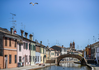 Comacchio, Emilia Romagna, Italy. The fisherman village is situated in a lagoon, surrounded by...