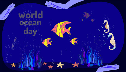 world ocean day. human hand holding help fish and sea horse life. doodle hand drawing colorful design style. vector illustration eps10