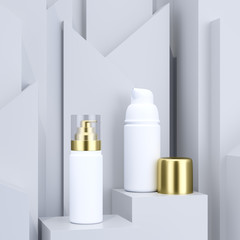 Cosmetic packaging set. White bottles with gold caps. Abstract gray background with podium. Product package mock-up. Template design element. 3d illustration