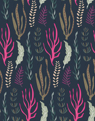 Materiał do szycia Vector seamless pattern with underwater ocean coral reef plants