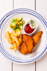 Kid's meal  - fried chicken strips, french fries, salad and ketchup