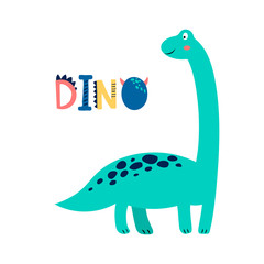 Baby print with Dino. Hand drawn graphic for typography poster, card, label, flyer, page, banner, baby wear, nursery. Scandinavian style. 