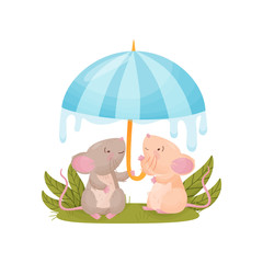 Pair of cute mice hiding from the rain under an umbrella. Vector illustration on white background.