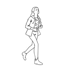 Cute girl with long hair running. Black lines isolated on white background. Concept. Vector illustration of girl runner in streetwear in line art style. Hand drawn sketch. Monochrome minimalism