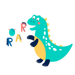 Baby print with Dino: Roar. Hand drawn graphic for typography poster, card, label, flyer, page, banner, baby wear, nursery. Scandinavian style. 