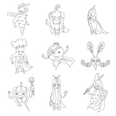Superhero Vegetables In Masks And Capes Set Of Cute Childish Cartoon Humanized Characters In Costumes coloring book. Useful vitamins, healthy eating.