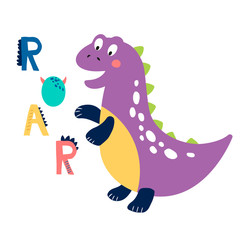 Baby print with Dino: Roar. Hand drawn graphic for typography poster, card, label, flyer, page, banner, baby wear, nursery. Scandinavian style. 