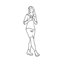 Fototapeta na wymiar Cute girl with phone in her hands at the chest taking a walk. Black lines isolated on white background. Concept. Vector illustration of girl in skirt going for a stroll in simple line art style