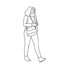Cute girl with crossbody bag taking a walk. Black lines isolated on white background. Concept. Vector illustration of girl in scarf going for a stroll in simple line art style. Monochrome minimalism.
