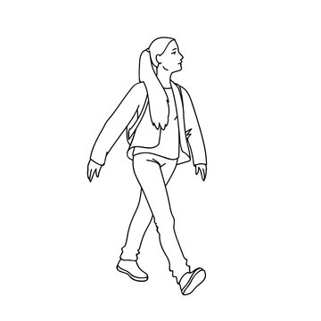 Cute girl with long hair taking a walk. Black lines isolated on white background. Concept. Vector illustration of girl going for a stroll in line art style. Hand drawn sketch. Monochrome minimalism. © tinkivinki