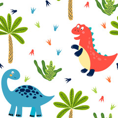 Seamless vector pattern with cute dinosaurs for typography poster, card, label, brochure, flyer, page, banner design. Vector illustration background. Scandinavian style.