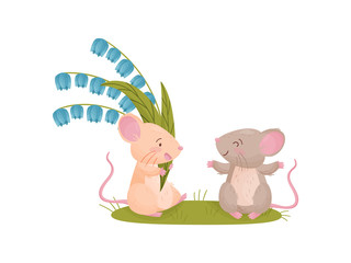 Mouse holding a bouquet of campanula. Vector illustration on white background.