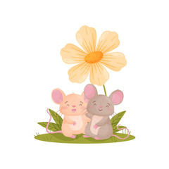 Two mice next to a large flower. Vector illustration on white background.