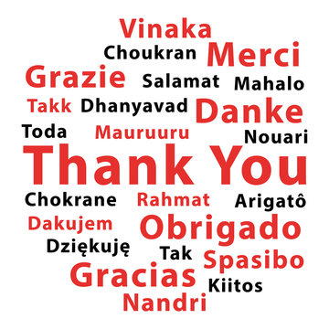Thank you in different languages. Red and black vector word cloud.