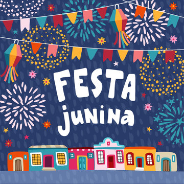 Festa junina, Brazilian june party greeting card, invitation.. Latin American holiday.Garland of bunting flags, lanterns, colorful houses and fireworks. Vector illustrations, flat design, textured