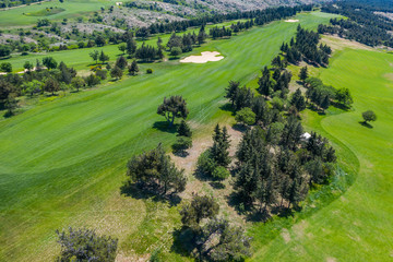 Aerial view of the green golf course in Tbilisi. Georgia. Bird's-eye.