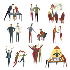 Set of images of men and women in different situations in the office. Vector illustration on white background.