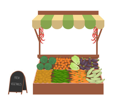 Tray with vegetables on the market. Workplace of the market seller. There is scales and goods: cucumbers, onions, carrots, eggplant, zucchini, perrers, potato, cabbage in the image. Vector